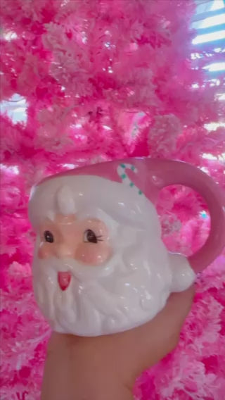 Set / 2 Pink Retro Santa Head Mug w/Spoon