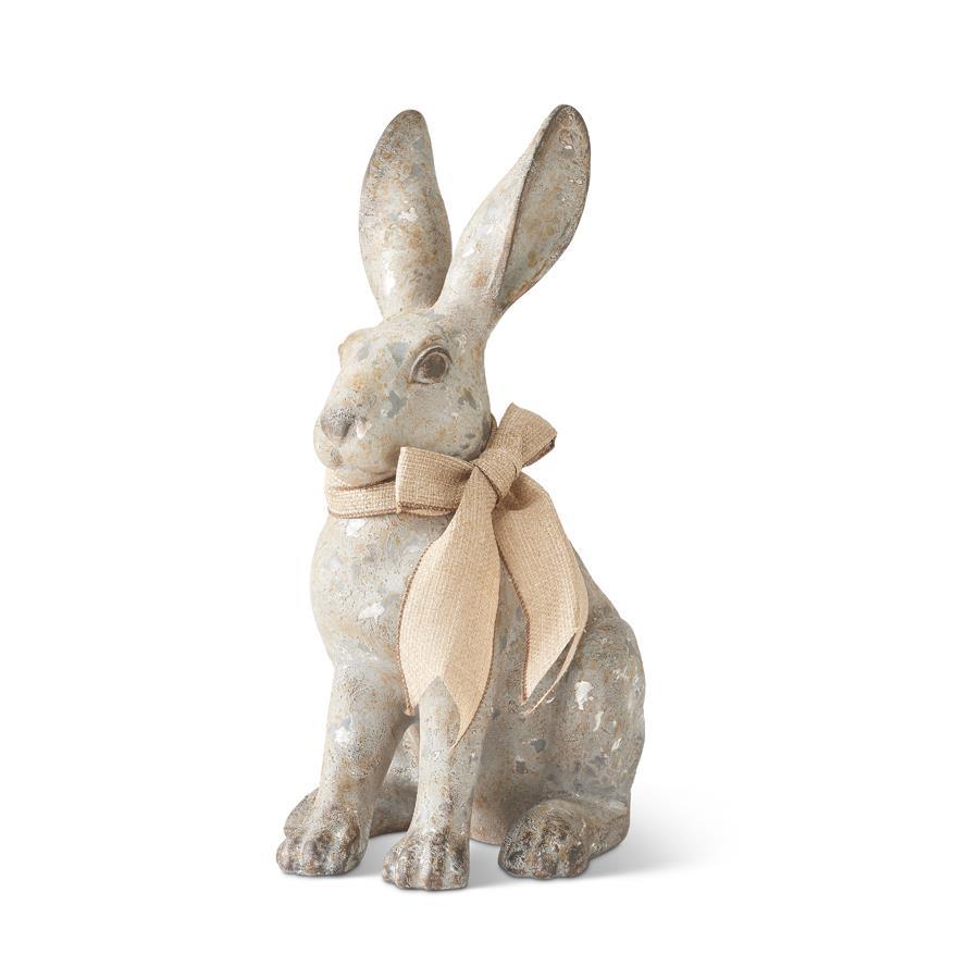 DISTRESSED GRAY SITING BUNNY WITH BURLAP BOW