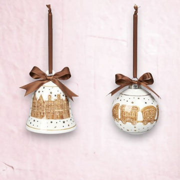 GINGERBREAD BROWNSTONE BELL AND GINGERBREAD TRAIN ORNAMENT SET