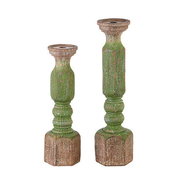 GREEN WOOD EMBOSSED CANDLE HOLDERS