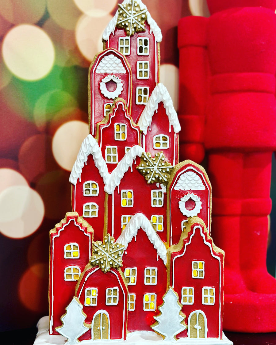 RED STACKED LED GINGERBREAD VILLAGE