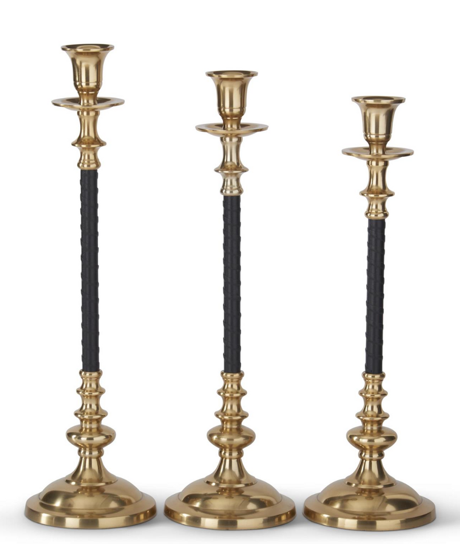 BLACK VEGAN LEATHER AND GOLD CANDLEHOLDER SET