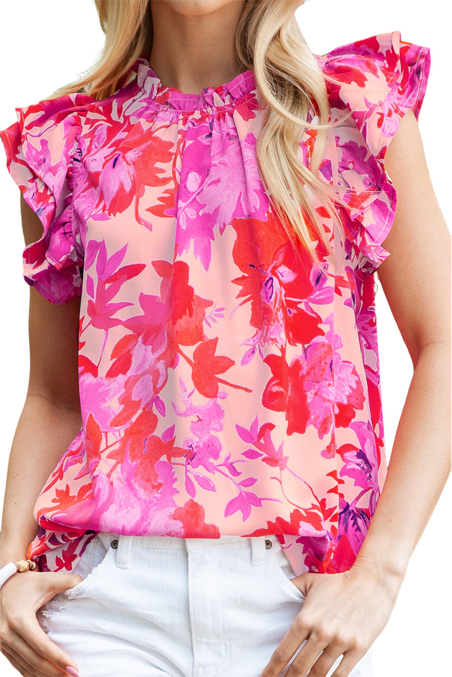 Rose Floral Flutter Sleeveless Frilled Neck Blouse