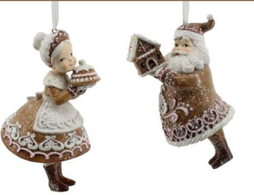 PINK ICING GINGERBREAD SANTA AND MRS CLAUSE ORNAMENT SET